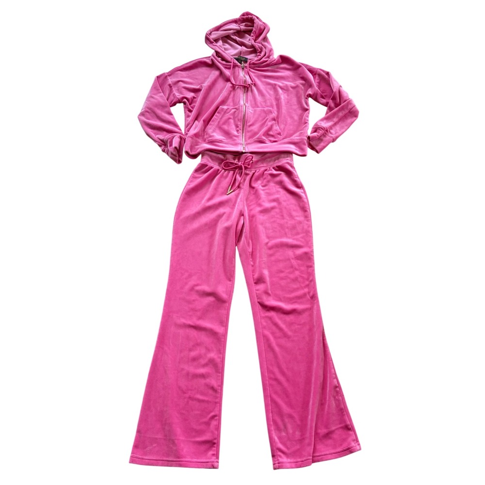 Y2K Inspired  Pink Velour Tracksuit Cropped Hoodie Wide‎ Leg Pants XS Barbiecore